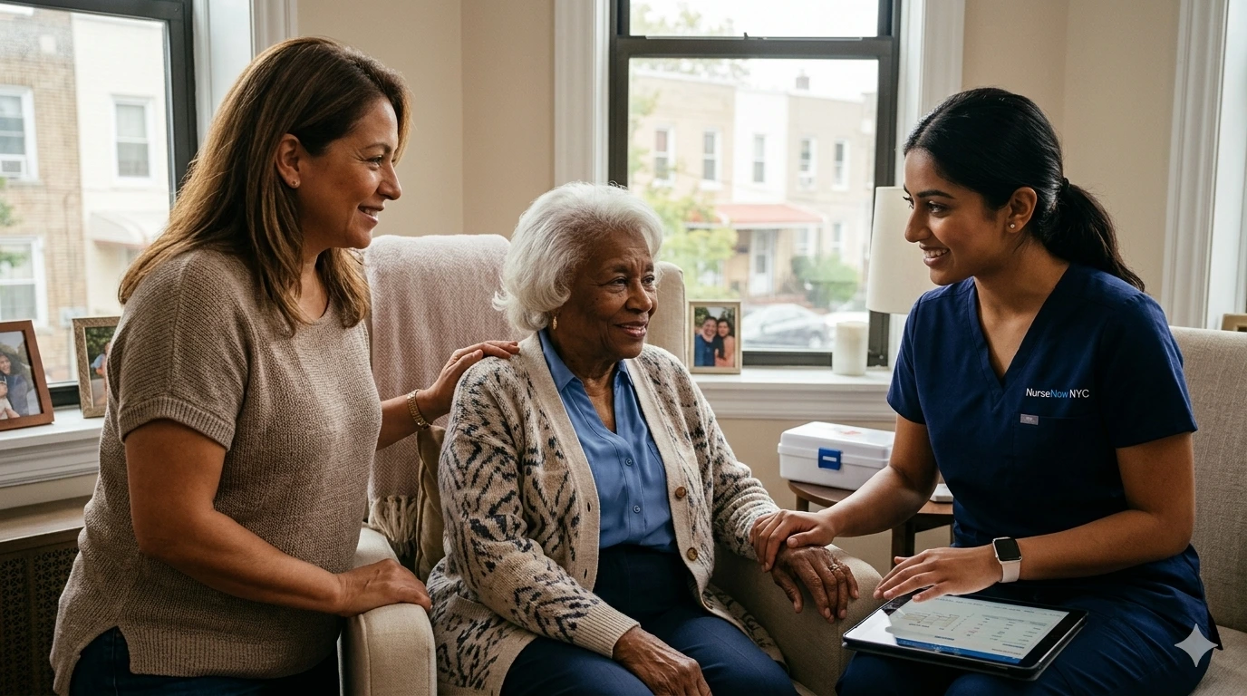 Care discussion with families at a table